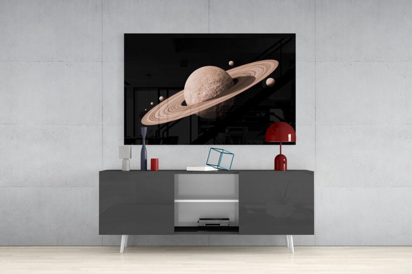 Pale Rose Ringed Planet on Black Glass Wall Art
