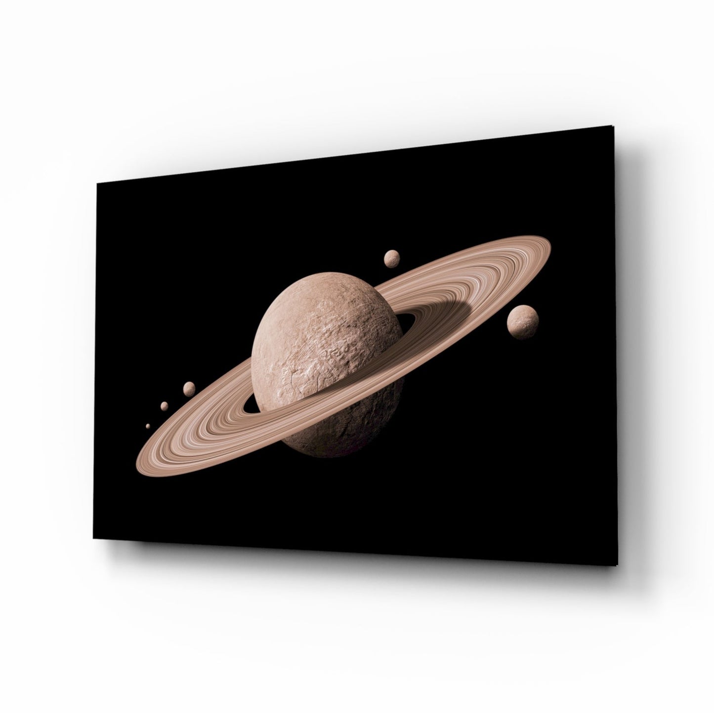 Pale Rose Ringed Planet on Black Glass Wall Art