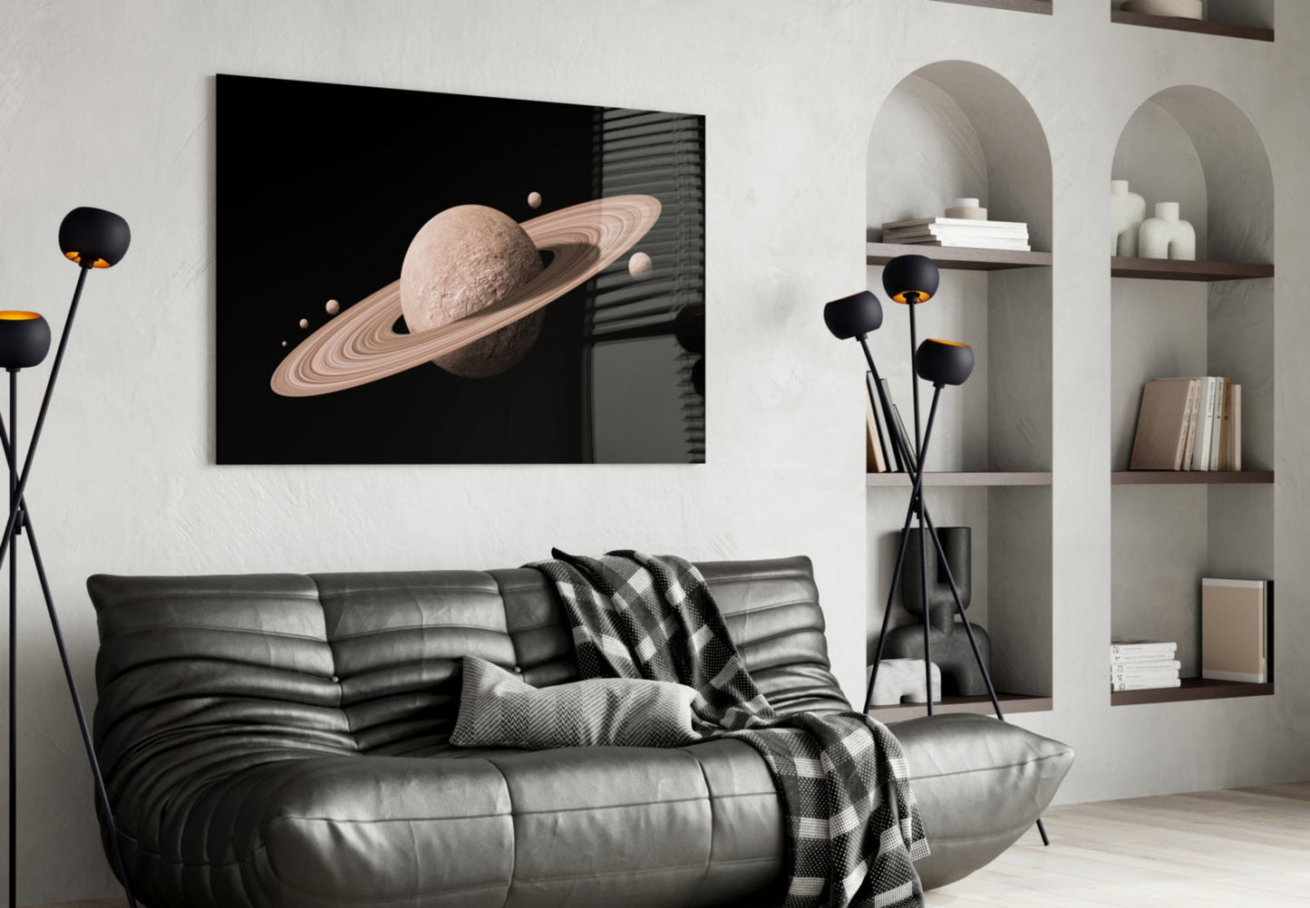 Pale Rose Ringed Planet on Black Glass Wall Art