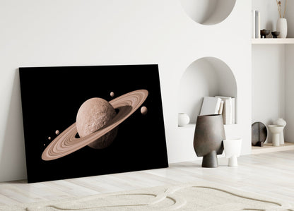 Pale Rose Ringed Planet on Black Glass Wall Art