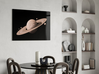 Pale Rose Ringed Planet on Black Glass Wall Art