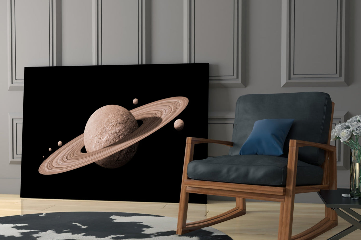 Pale Rose Ringed Planet on Black Glass Wall Art