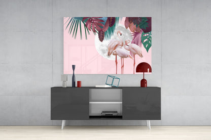 Flamingo Flock Moon Tropical Glass Wall Art