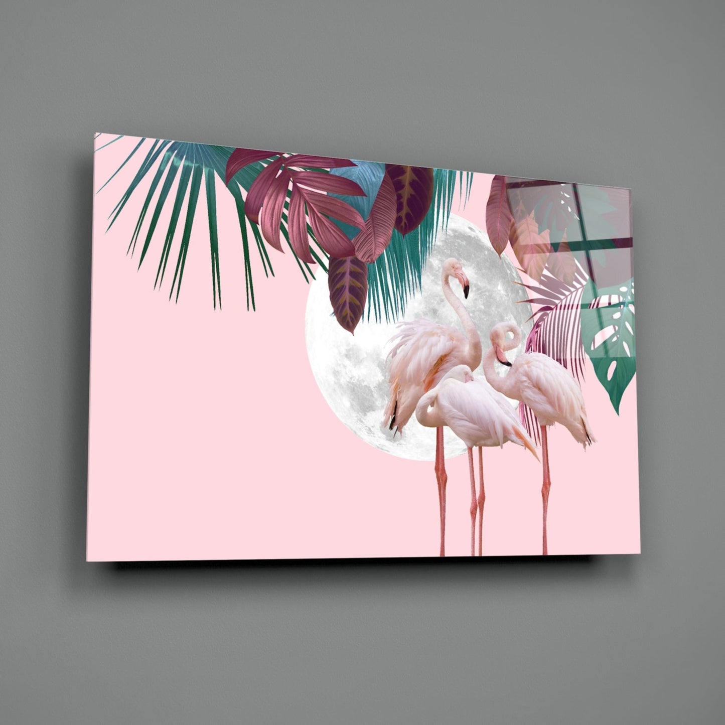Flamingo Flock Moon Tropical Glass Wall Art