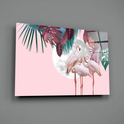 Flamingo Flock Moon Tropical Glass Wall Art