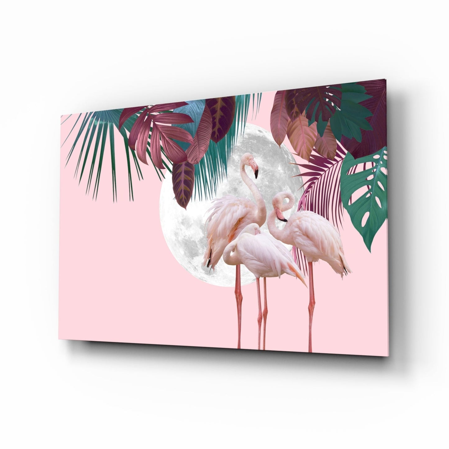 Flamingo Flock Moon Tropical Glass Wall Art