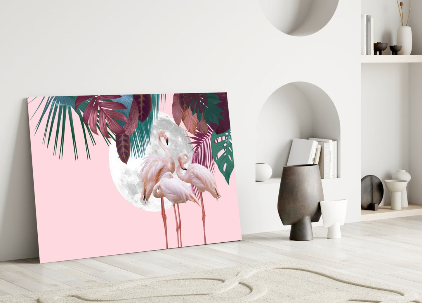 Flamingo Flock Moon Tropical Glass Wall Art