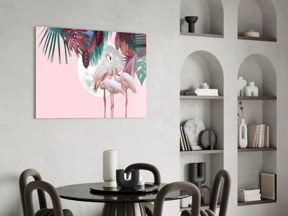 Flamingo Flock Moon Tropical Glass Wall Art