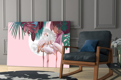 Flamingo Flock Moon Tropical Glass Wall Art