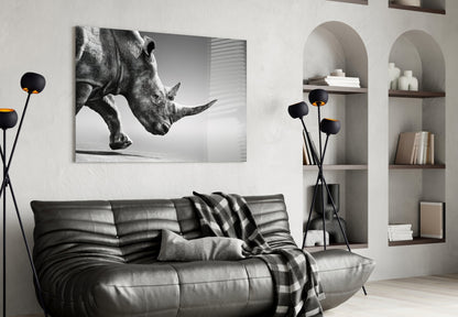 Black and white rhino photograph displayed above gray leather sofa in modern living room with arched shelving.