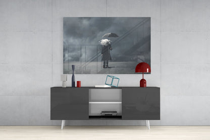 Cloud Head Man With Umbrella Fog Glass Wall Art