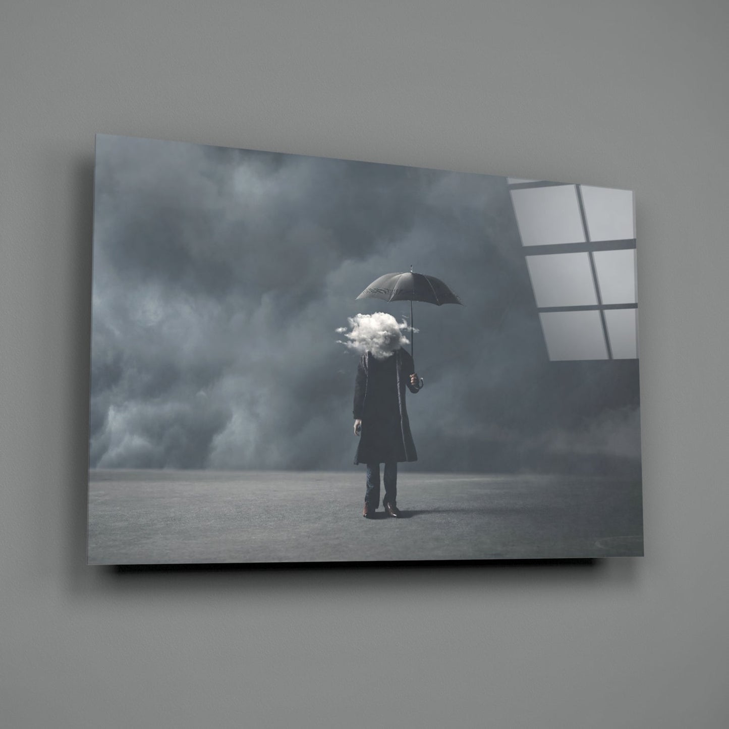 Cloud Head Man With Umbrella Fog Glass Wall Art