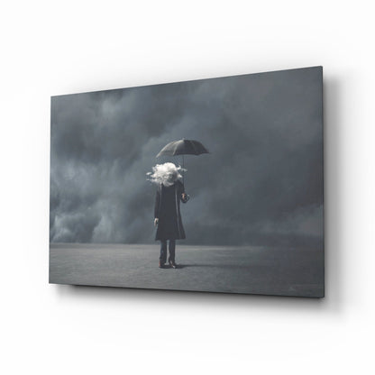 Cloud Head Man With Umbrella Fog Glass Wall Art