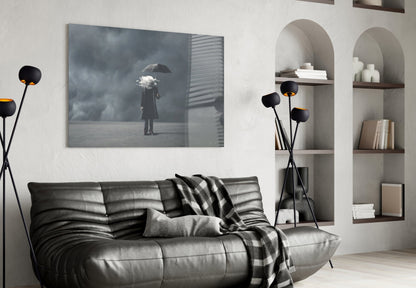 Cloud Head Man With Umbrella Fog Glass Wall Art