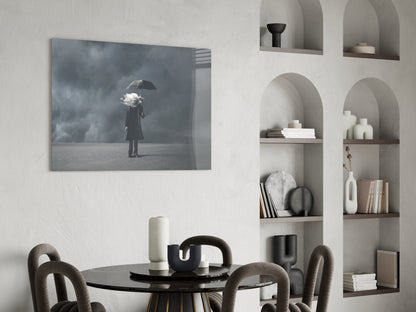 Cloud Head Man With Umbrella Fog Glass Wall Art
