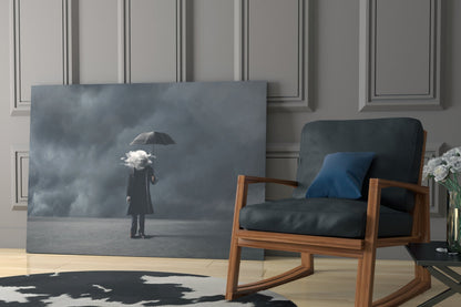Cloud Head Man With Umbrella Fog Glass Wall Art