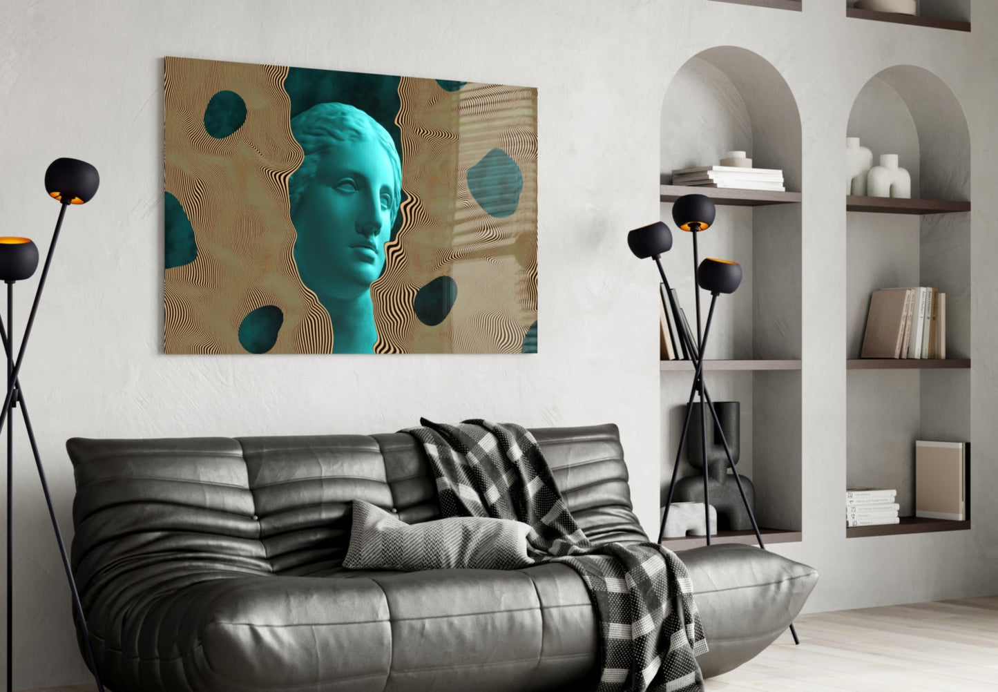 Teal Face Tan Waves Glass Wall Art