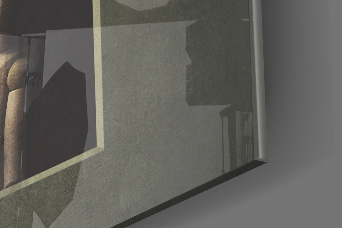 Close-up angled view of frosted glass wall art showing Pinocchio's silhouette profile against translucent surface with shadow detail.