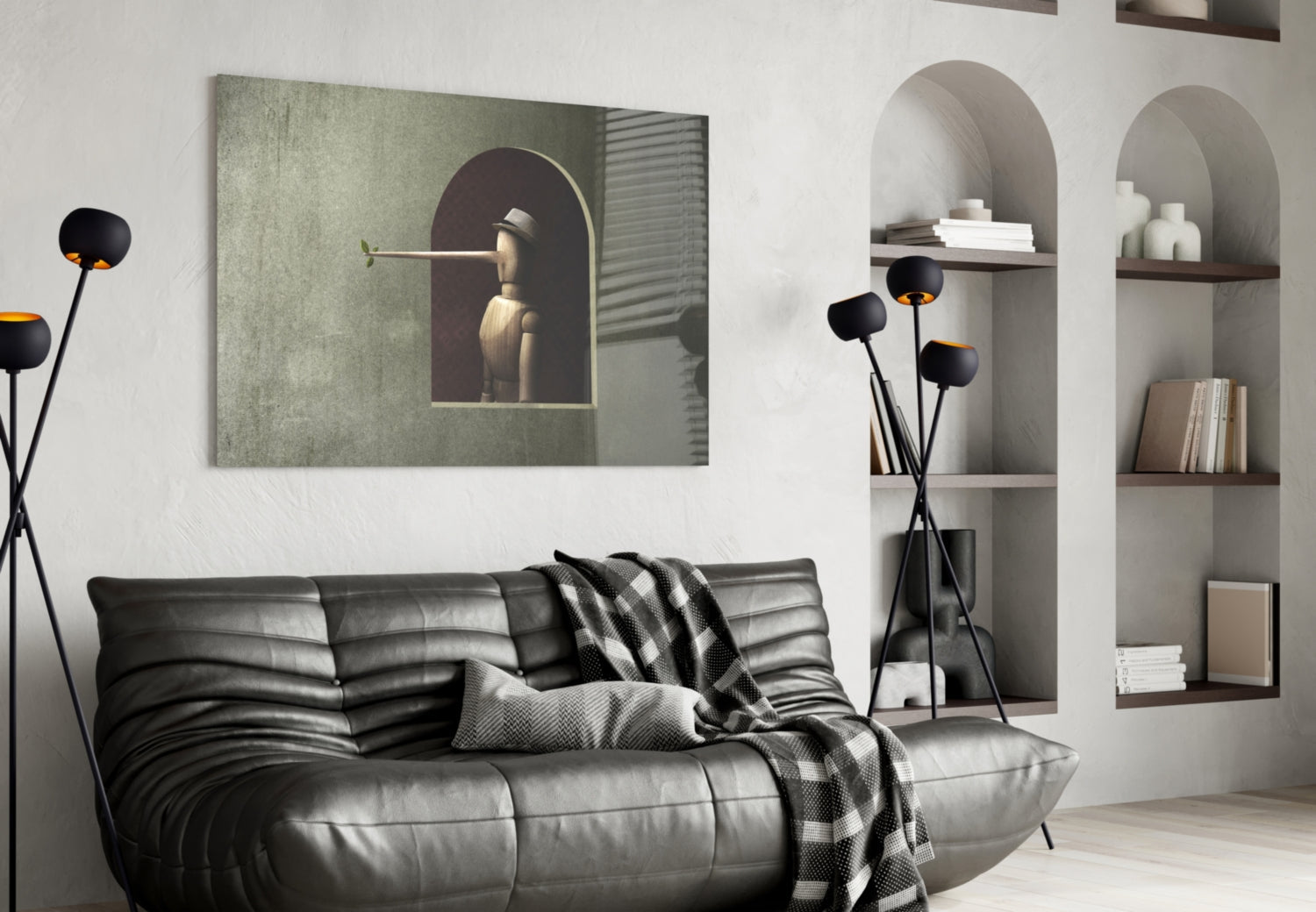 Modern living room with Pinocchio Glass Wall Art displayed above black leather sofa, featuring surreal portrait in green tones.