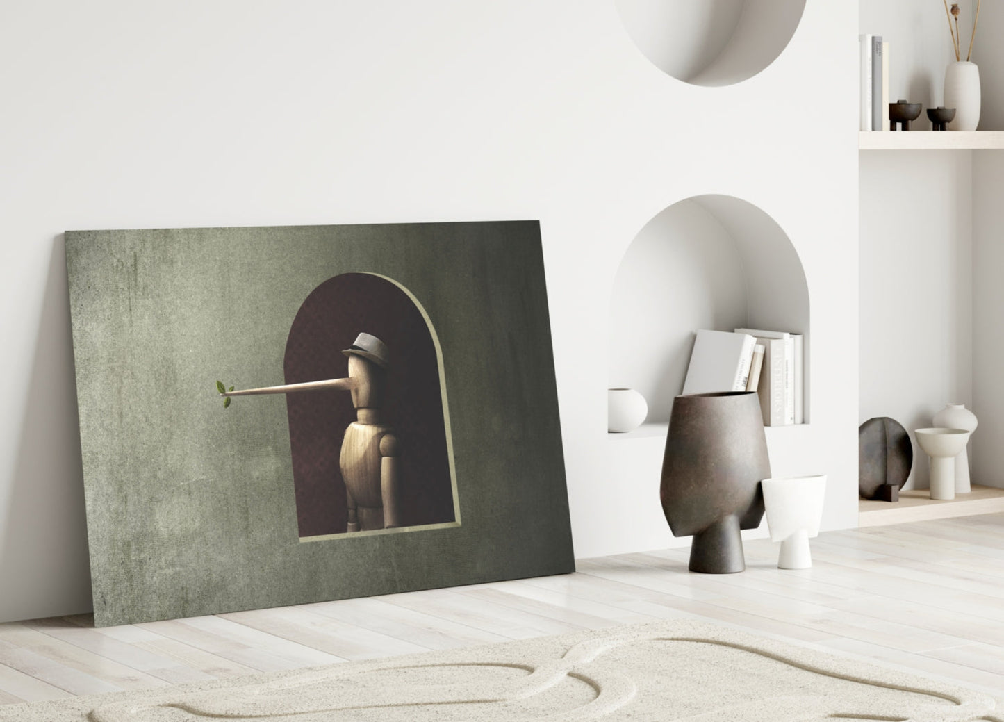 Pinocchio Glass Wall Art leaning against white wall displaying wooden puppet figure in arched alcove on textured green-grey background.