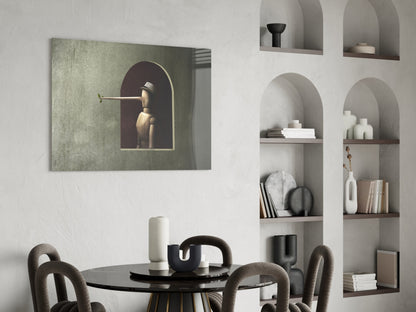 Pinocchio Glass Wall Art displayed above a round black dining table with beige chairs in a modern interior with white built-in shelving.