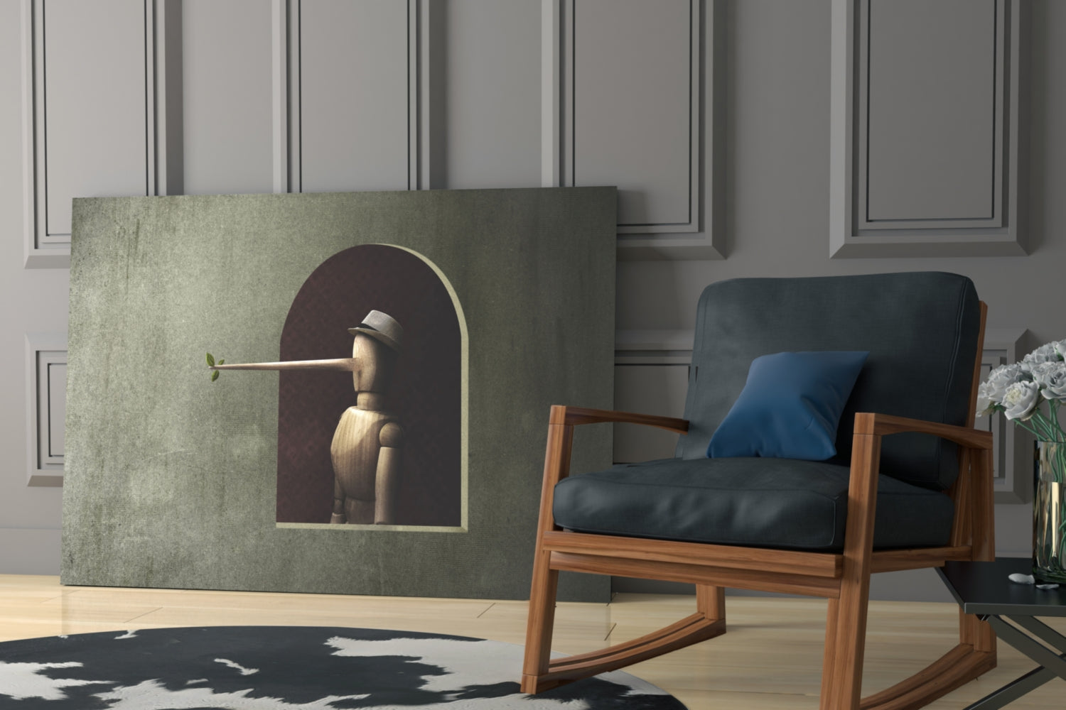 Pinocchio Glass Wall Art displayed in a modern interior with a wooden chair, showing a wooden figure in a hat within an arched frame against a sage-green background.