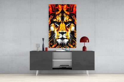 Blazing Fire Lion Portrait Glass Wall Art