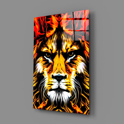 Blazing Fire Lion Portrait Glass Wall Art