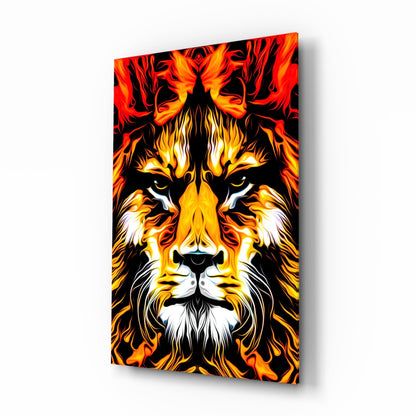 Blazing Fire Lion Portrait Glass Wall Art