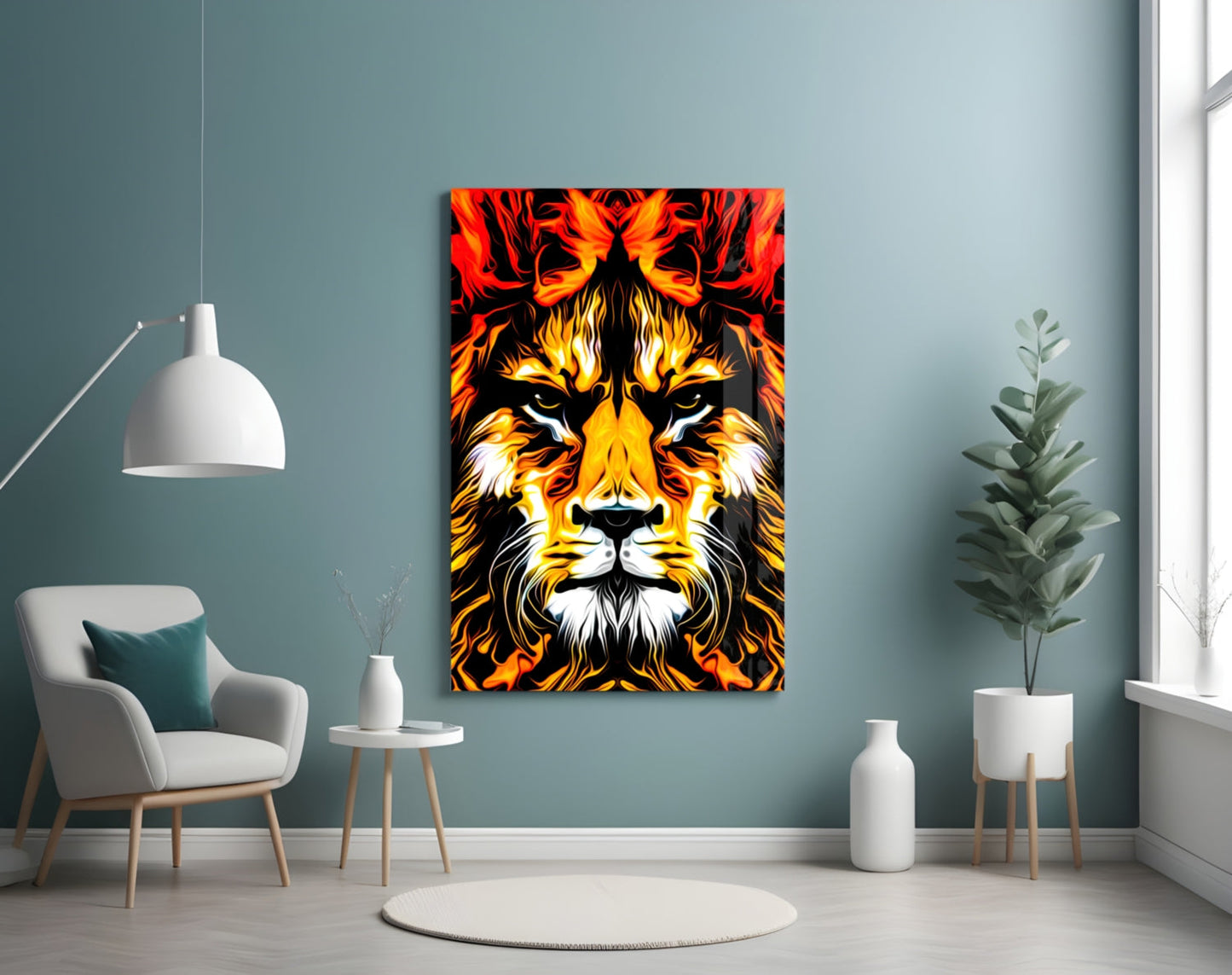 Blazing Fire Lion Portrait Glass Wall Art