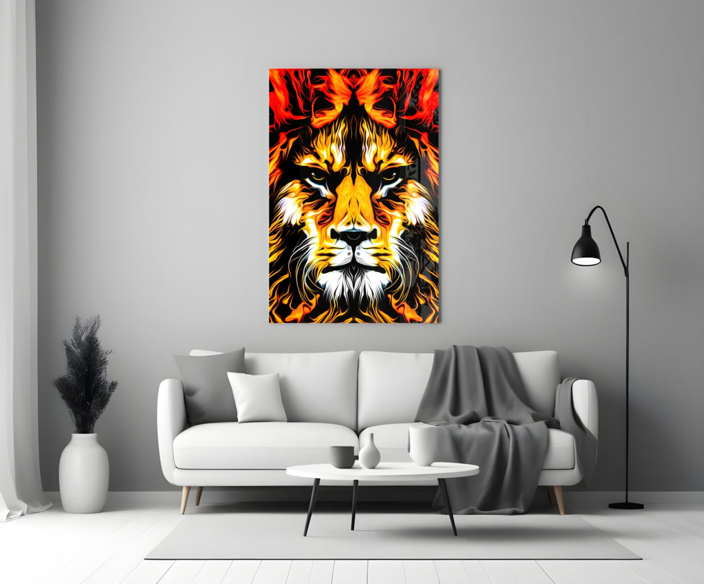 Blazing Fire Lion Portrait Glass Wall Art