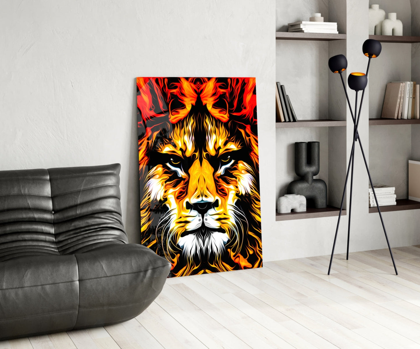 Blazing Fire Lion Portrait Glass Wall Art