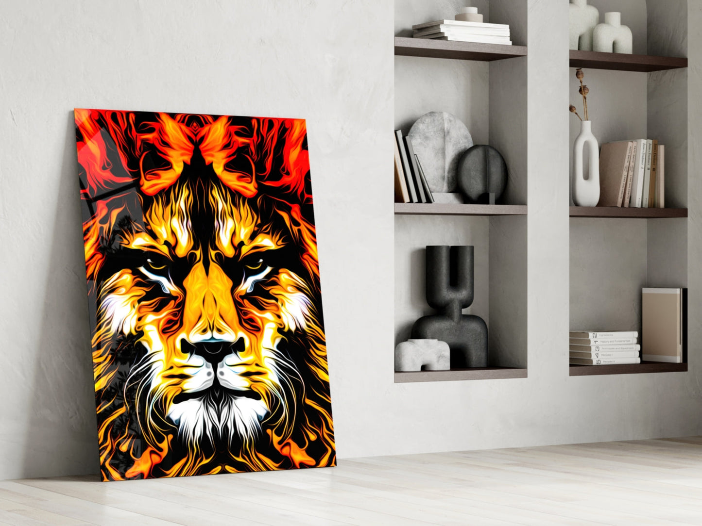 Blazing Fire Lion Portrait Glass Wall Art