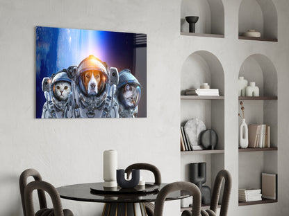 Space Team glass wall art featuring a cat, dog, and mouse in astronaut helmets displayed above a round dining table in a modern interior.