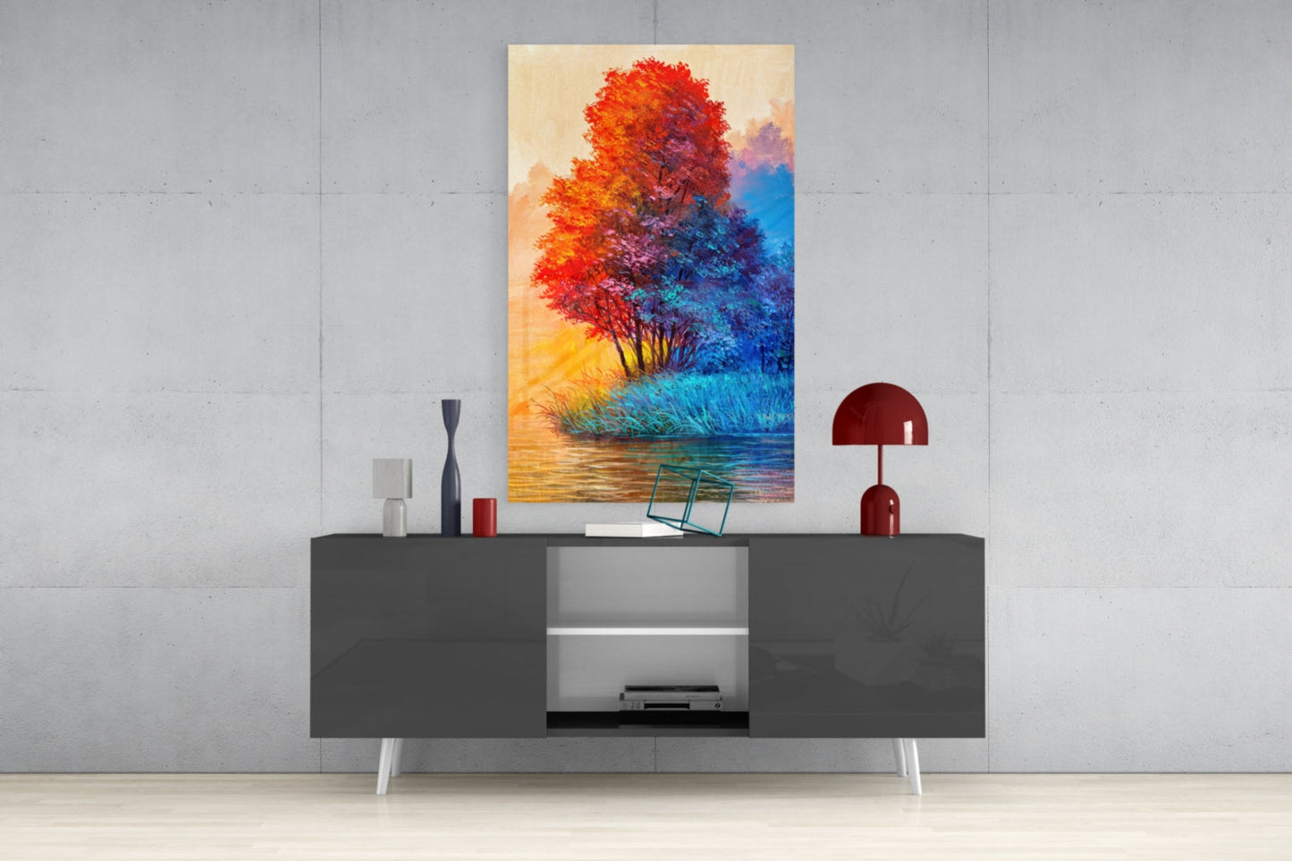 Red Blue Trees Riverside Glass Wall Art