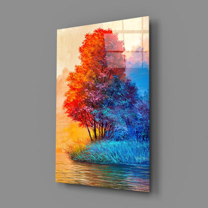 Red Blue Trees Riverside Glass Wall Art