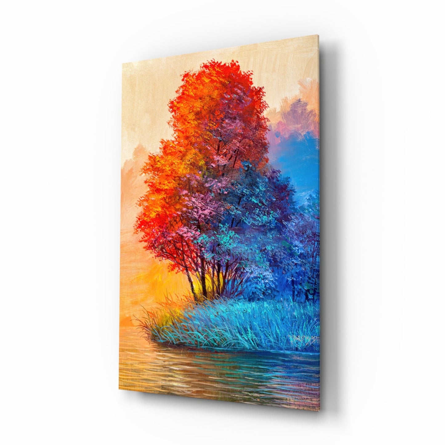 Red Blue Trees Riverside Glass Wall Art