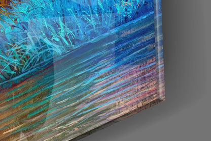 Red Blue Trees Riverside Glass Wall Art
