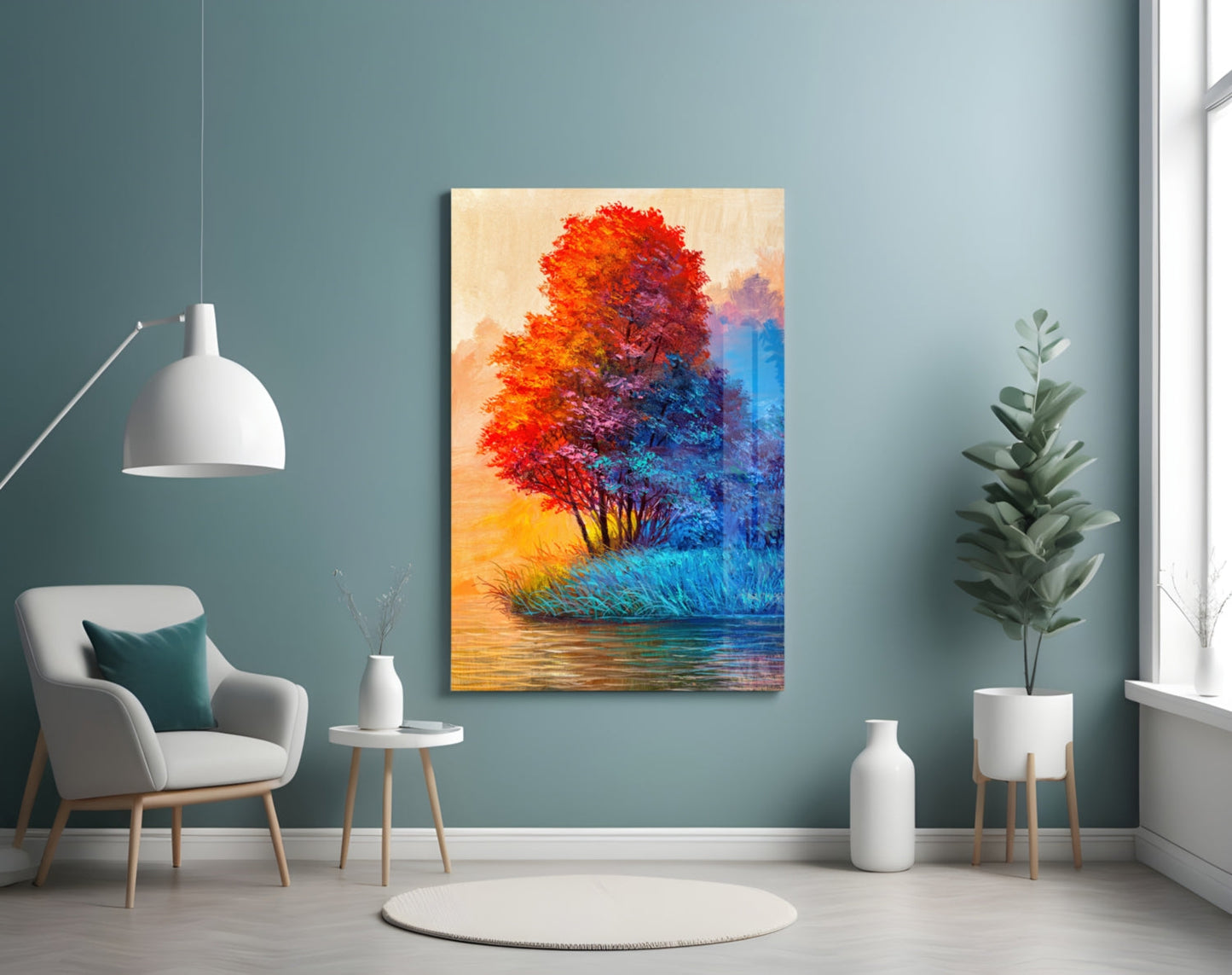 Red Blue Trees Riverside Glass Wall Art