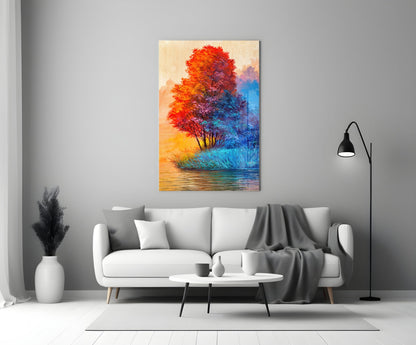 Red Blue Trees Riverside Glass Wall Art