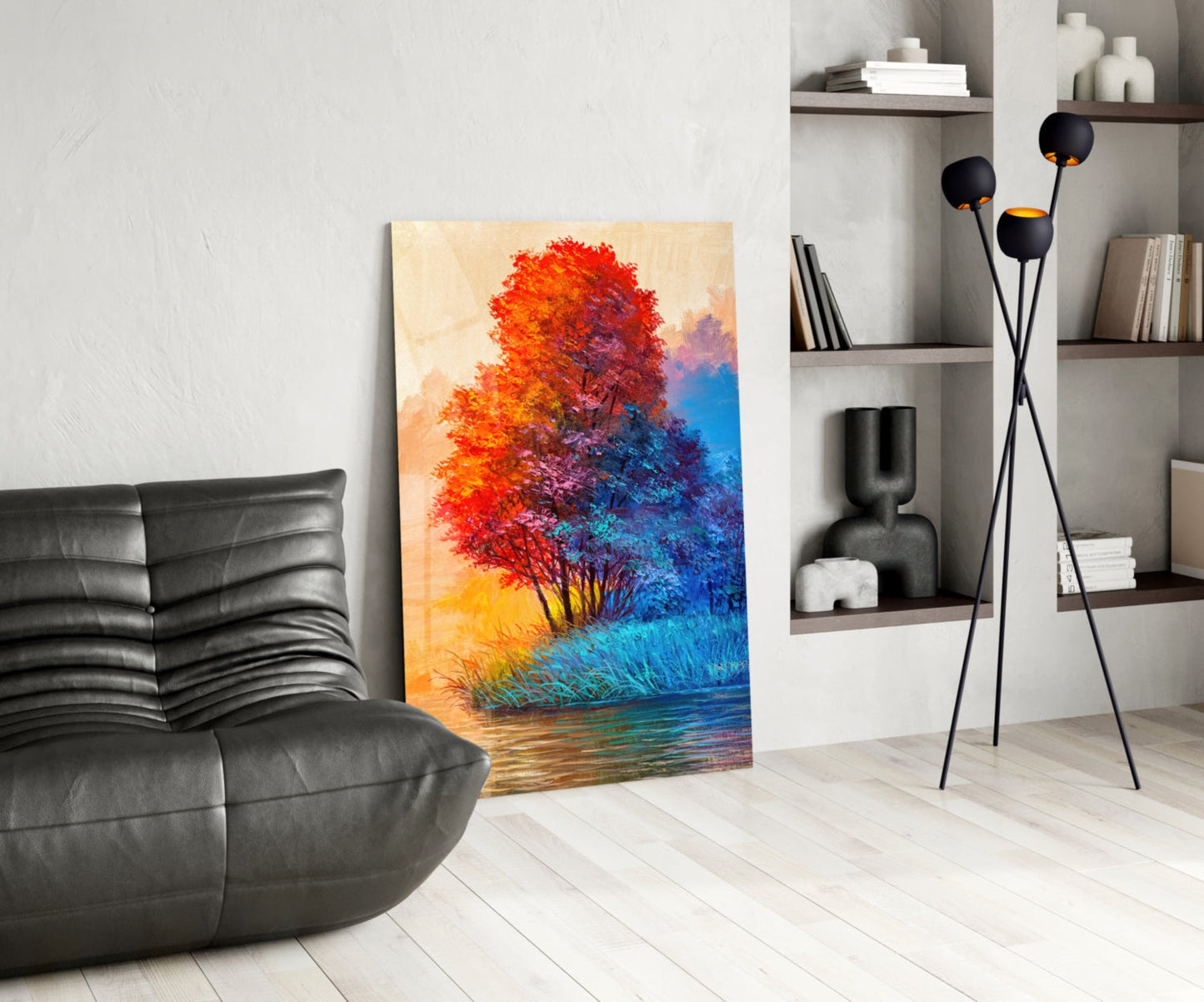 Red Blue Trees Riverside Glass Wall Art