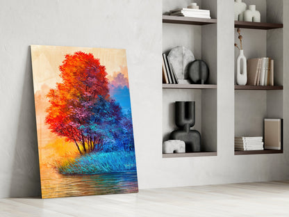 Red Blue Trees Riverside Glass Wall Art