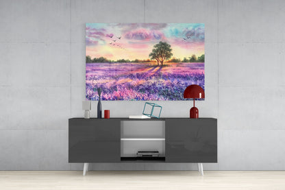 Lavender Field Lone Tree Sunset Glass Wall Art