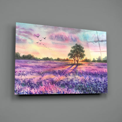 Lavender Field Lone Tree Sunset Glass Wall Art