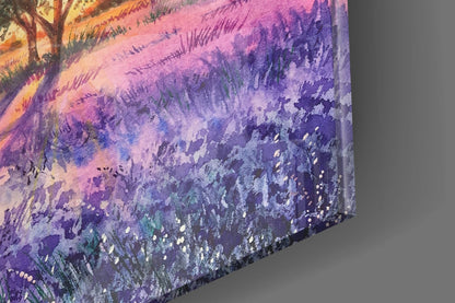 Lavender Field Lone Tree Sunset Glass Wall Art