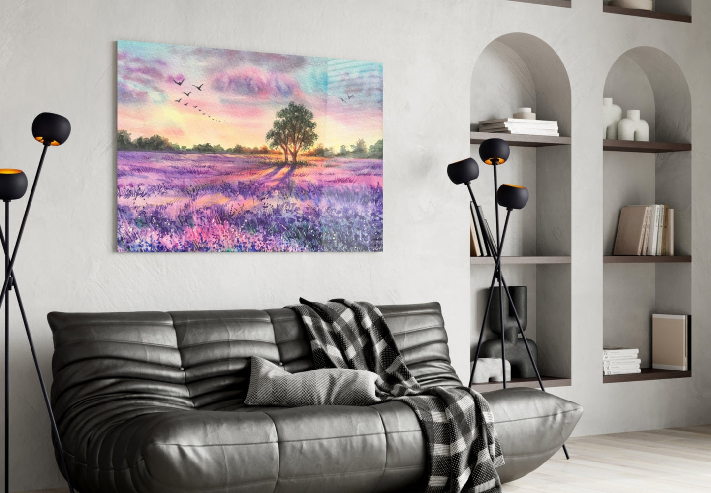 Lavender Field Lone Tree Sunset Glass Wall Art