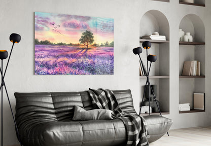 Lavender Field Lone Tree Sunset Glass Wall Art