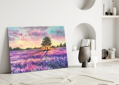 Lavender Field Lone Tree Sunset Glass Wall Art