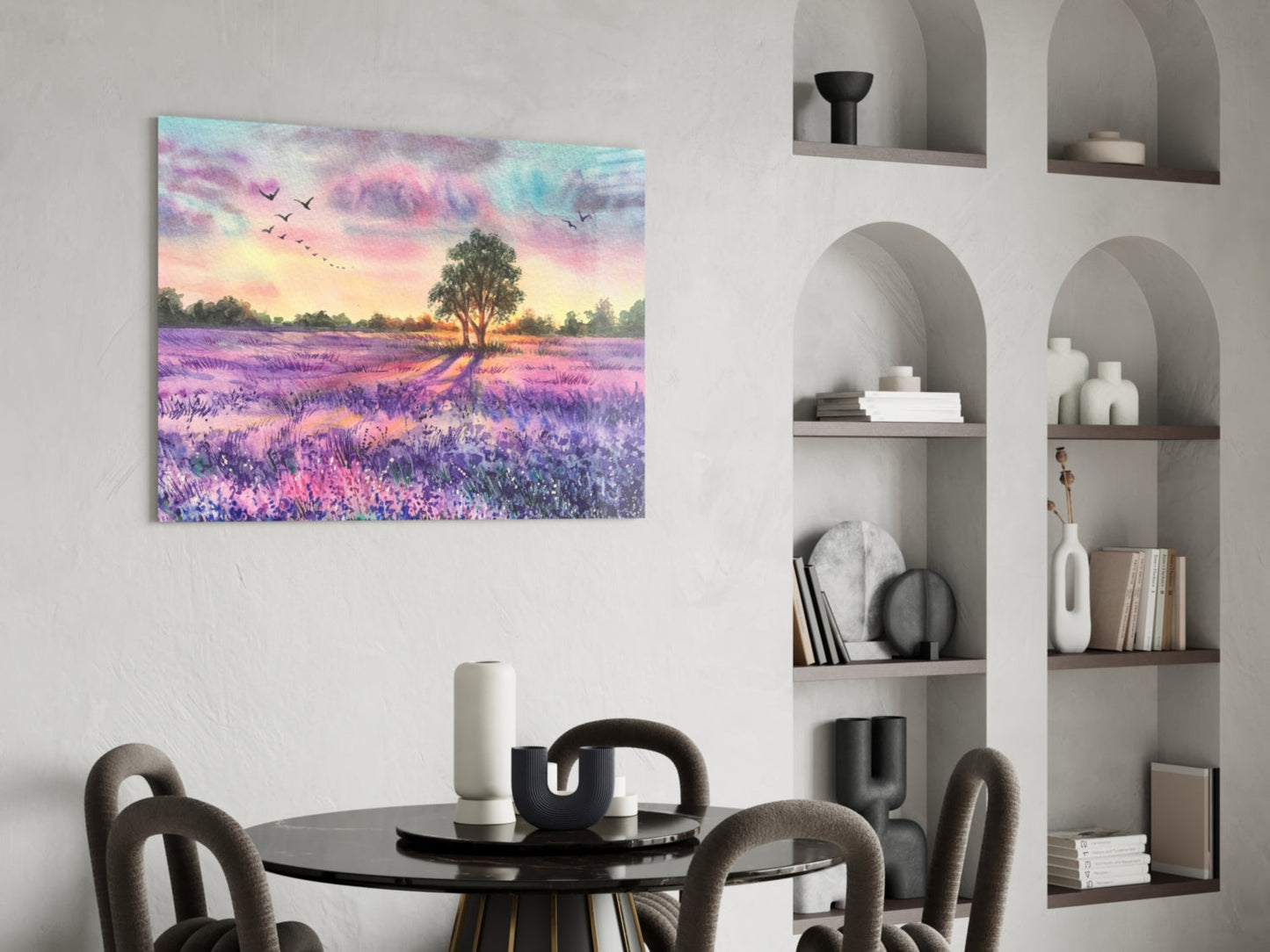 Lavender Field Lone Tree Sunset Glass Wall Art