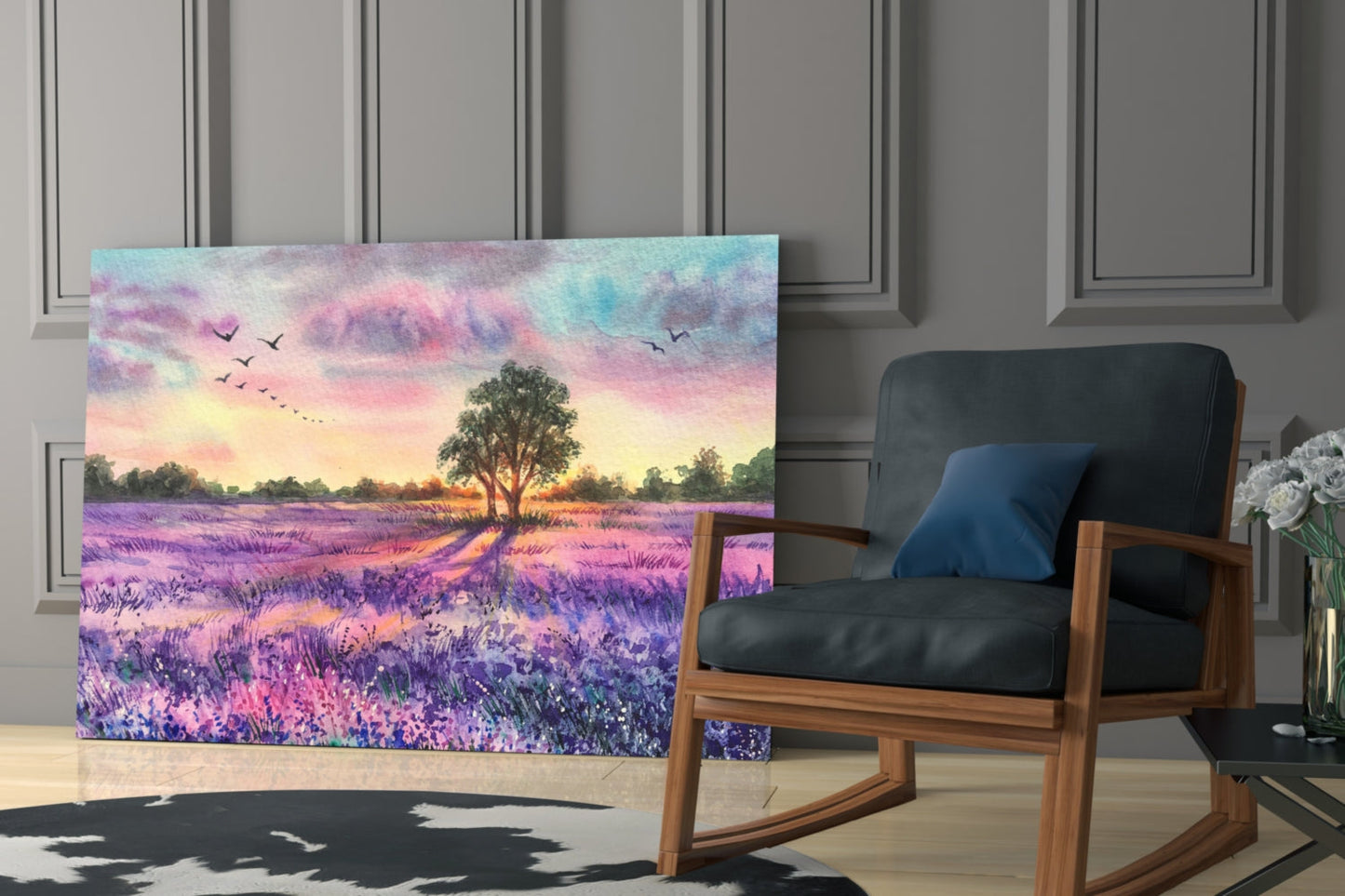 Lavender Field Lone Tree Sunset Glass Wall Art